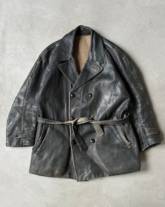 1950s - Distressed Black Italian Leather Coat - M