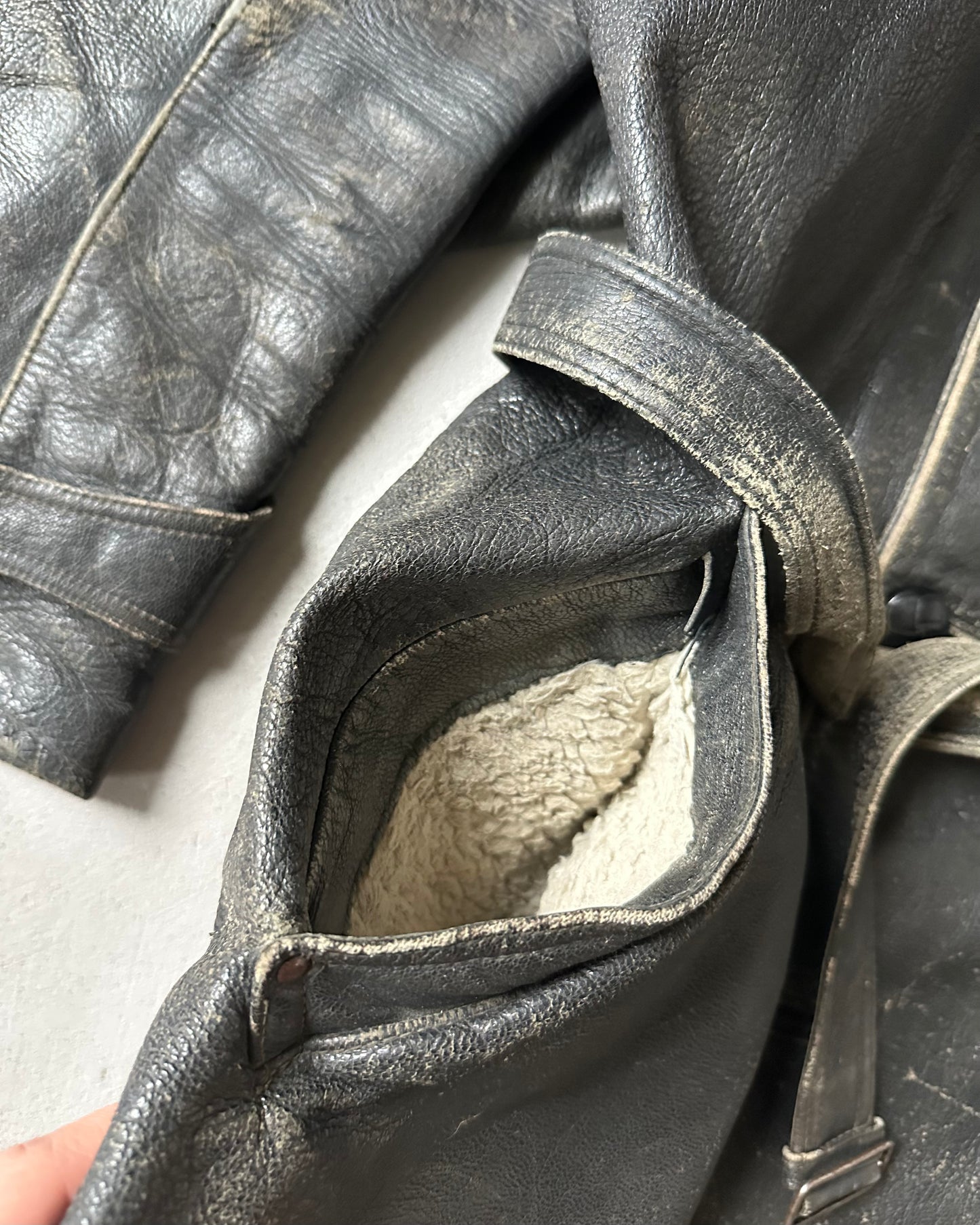 1950s - Distressed Black Italian Leather Coat - M