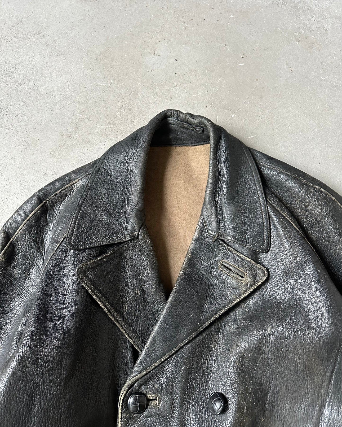 1950s - Distressed Black Italian Leather Coat - M
