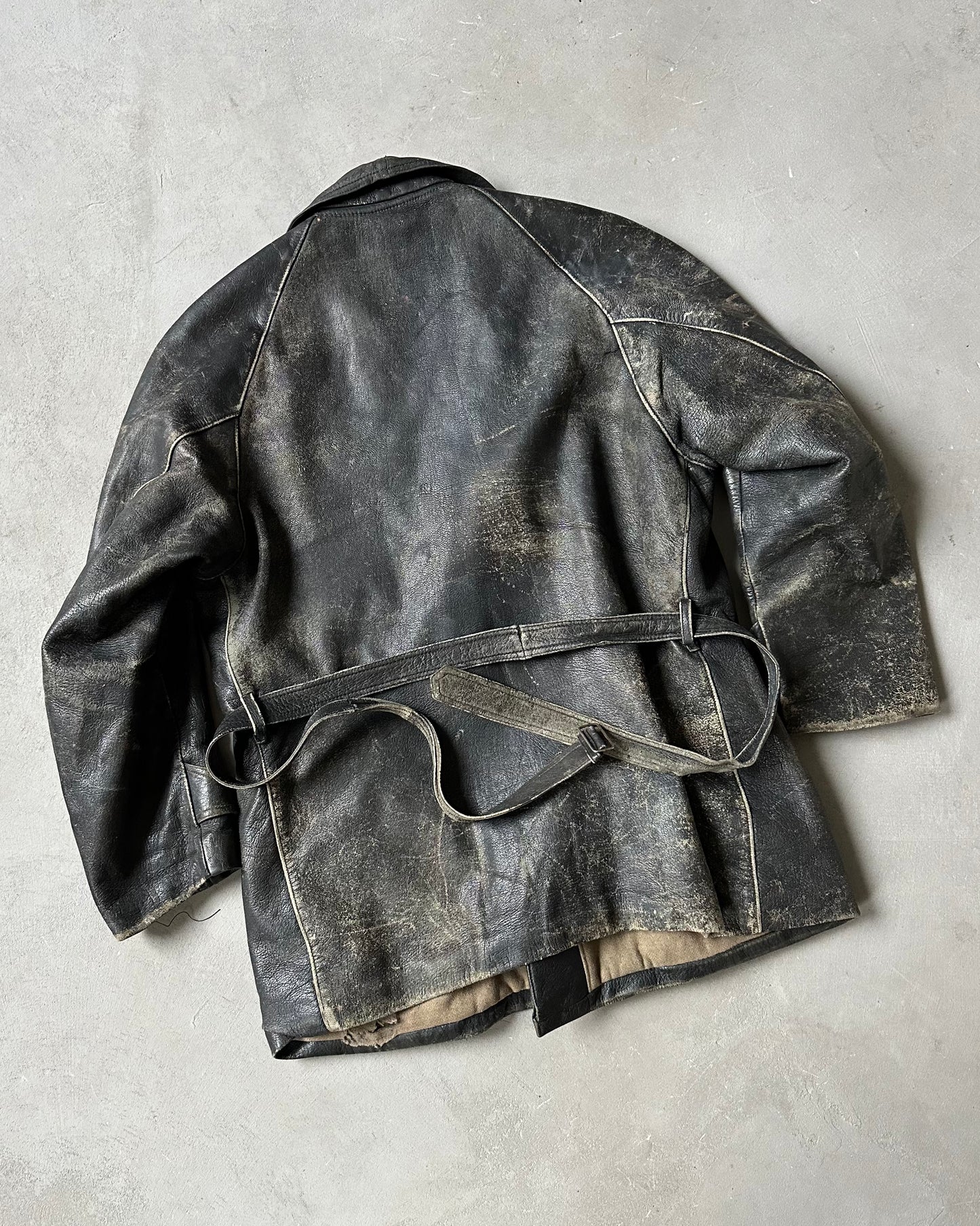 1950s - Distressed Black Italian Leather Coat - M