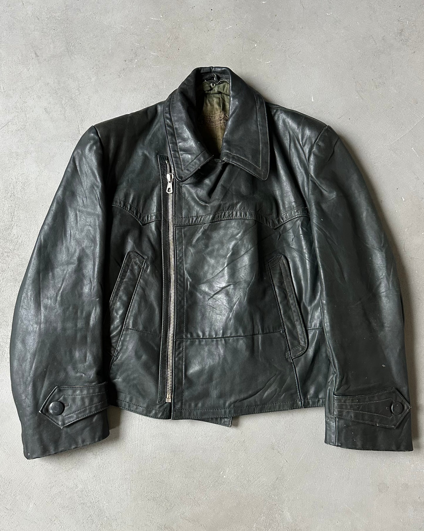 1940s - Black German Motorcycle Leather Jacket - L