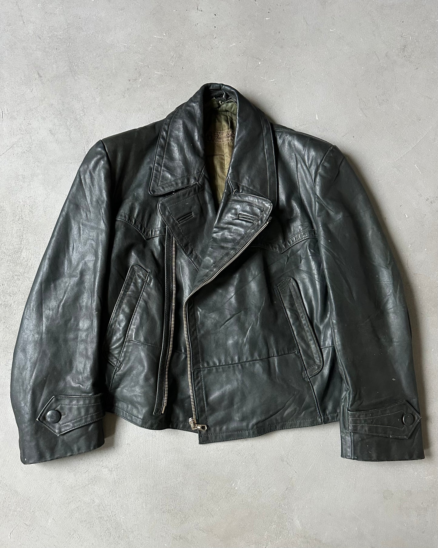 1940s - Black German Motorcycle Leather Jacket - L