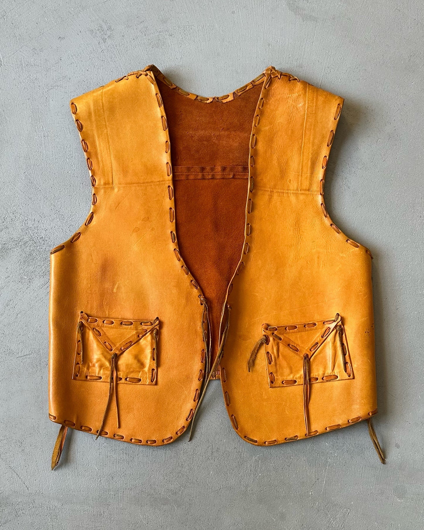 1970s - Caramel Handmade Leather Vest - XS