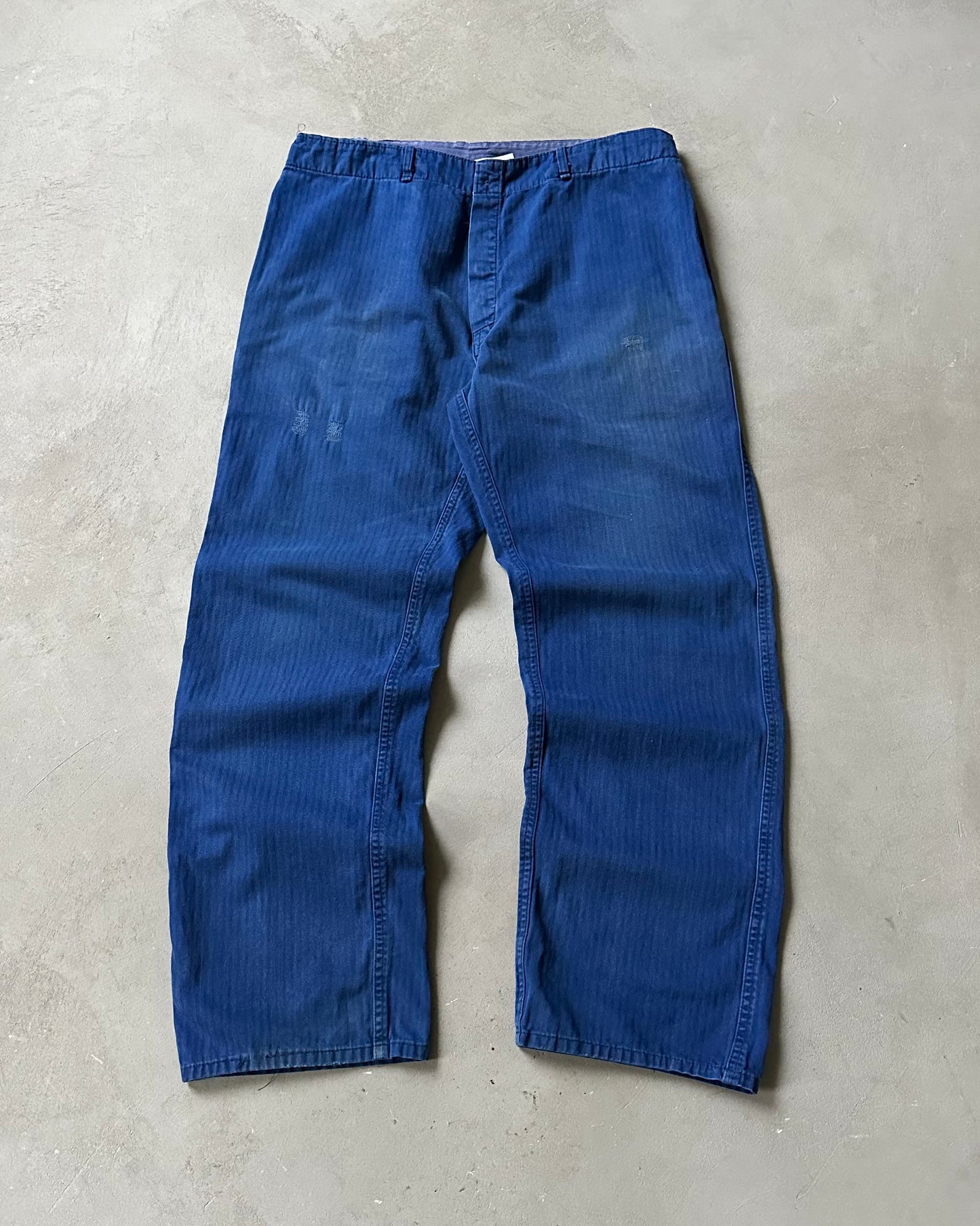 1970s - Blue HBT Repaired Euro Work Pants - 35x30