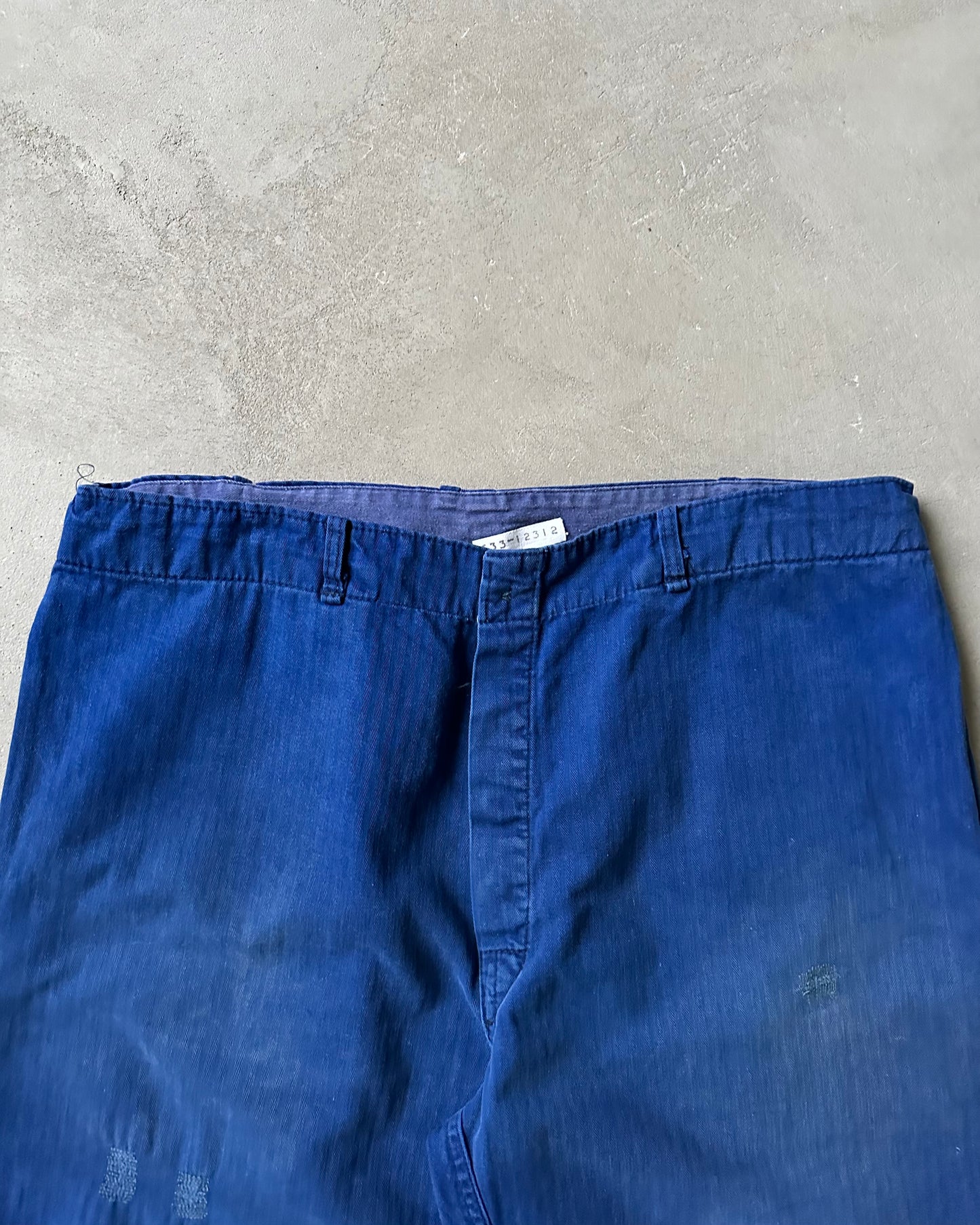 1970s - Blue HBT Repaired Euro Work Pants - 35x30