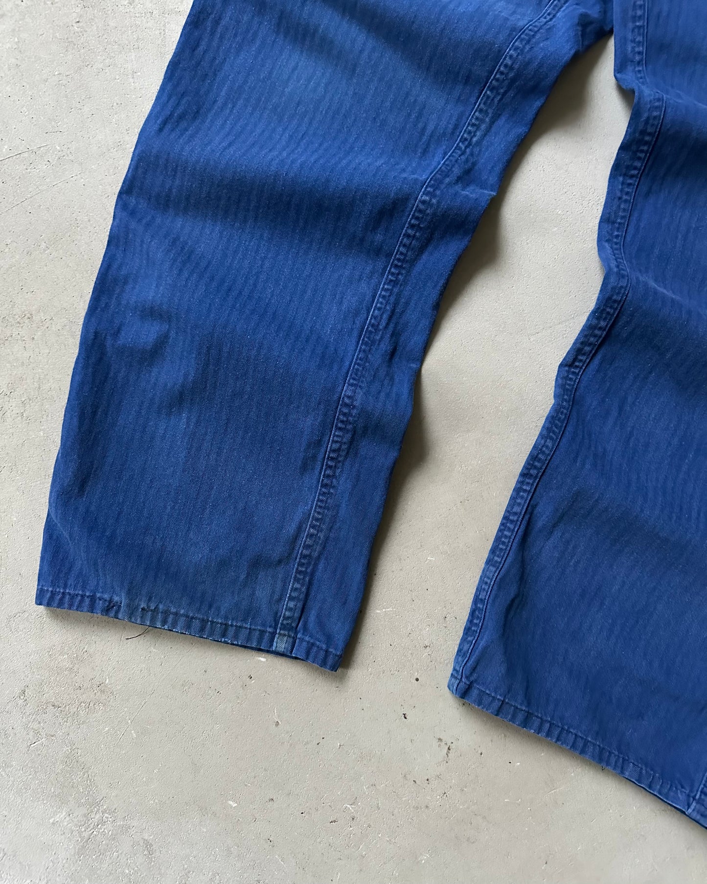1970s - Blue HBT Repaired Euro Work Pants - 35x30