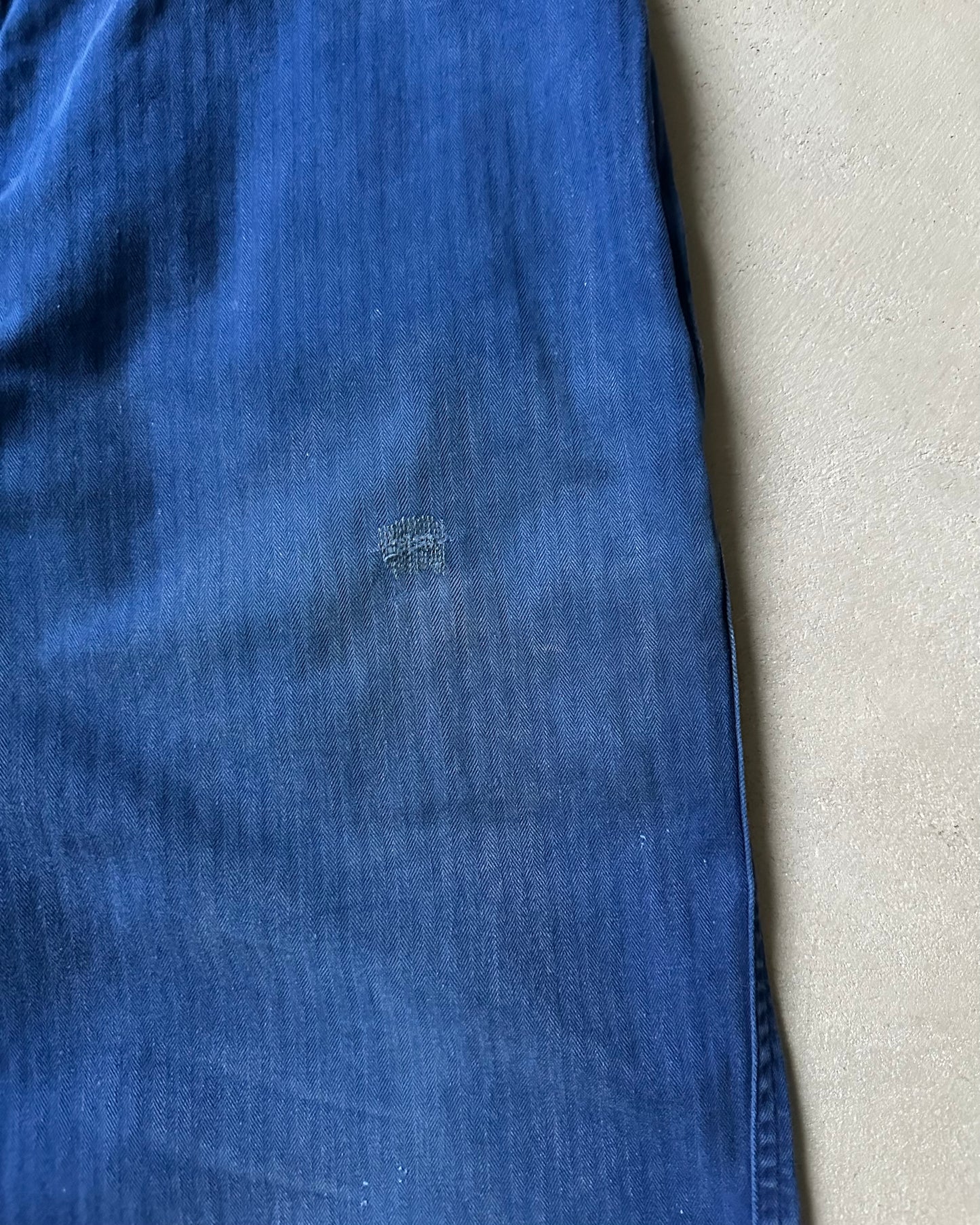 1970s - Blue HBT Repaired Euro Work Pants - 35x30