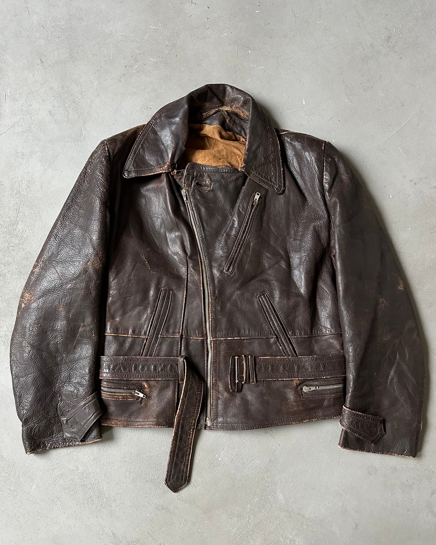 1940s - Distressed Brown German Motorcycle Leather Jacket - M/L