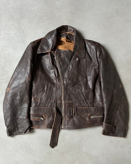1940s - Distressed Brown German Motorcycle Leather Jacket - M/L