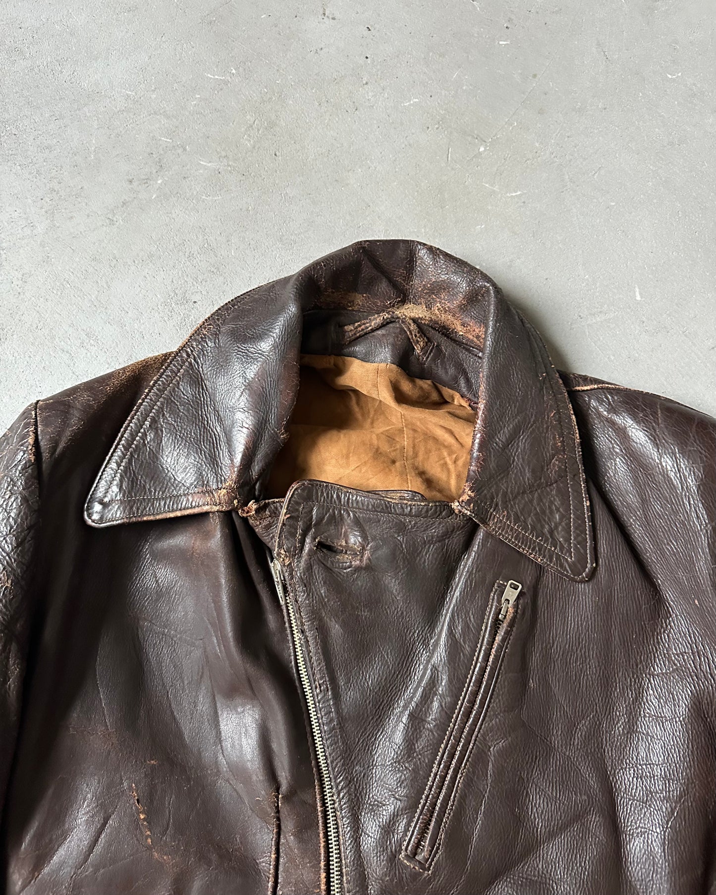 1940s - Distressed Brown German Motorcycle Leather Jacket - M/L