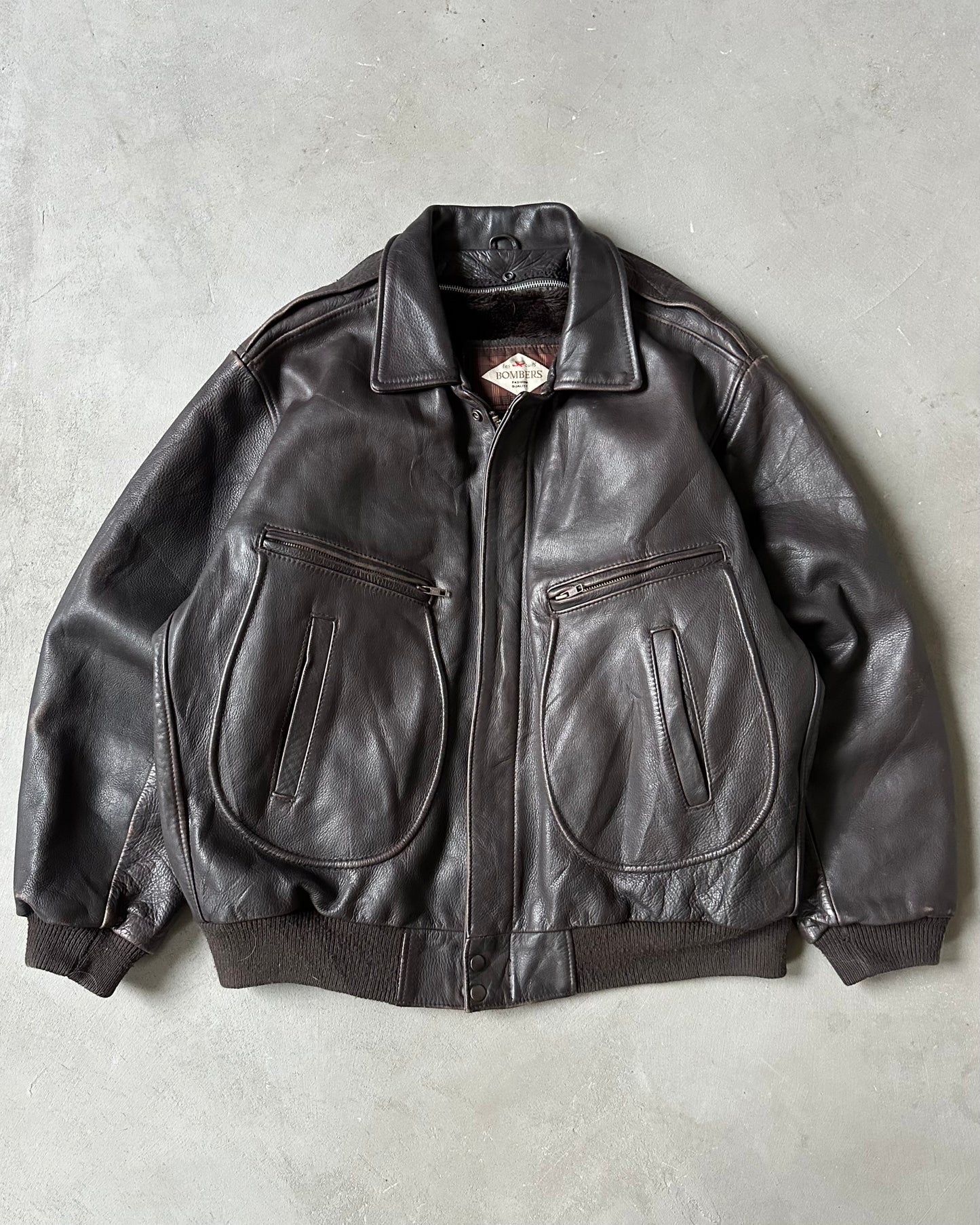 1990s - Dark Brown Leather Bomber Jacket - XXL