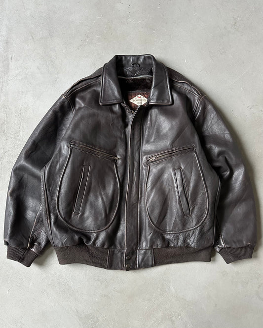 1990s - Dark Brown Leather Bomber Jacket - XXL
