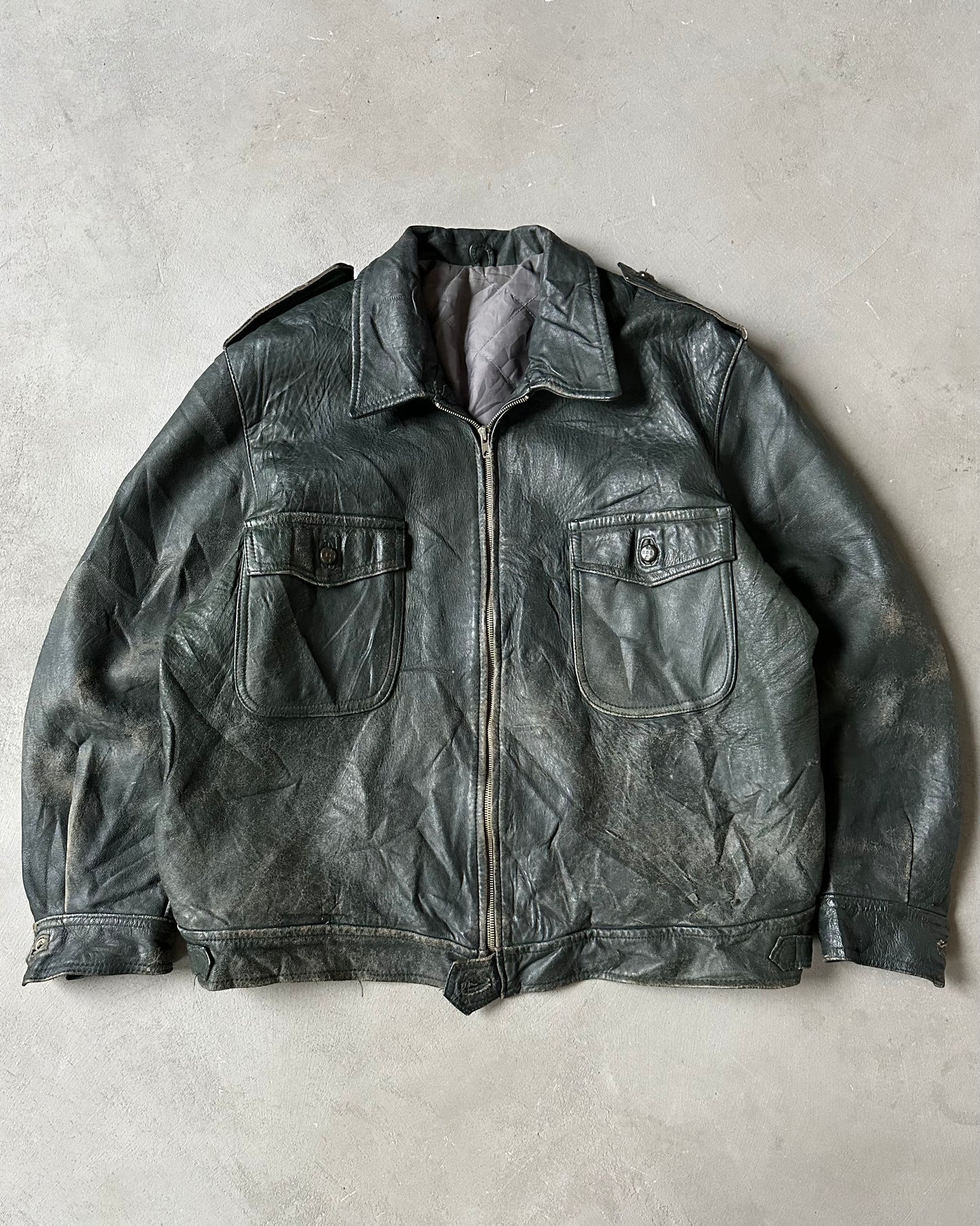 1970s - Distressed Black Portuguese Army Leather Jacket - L/XL
