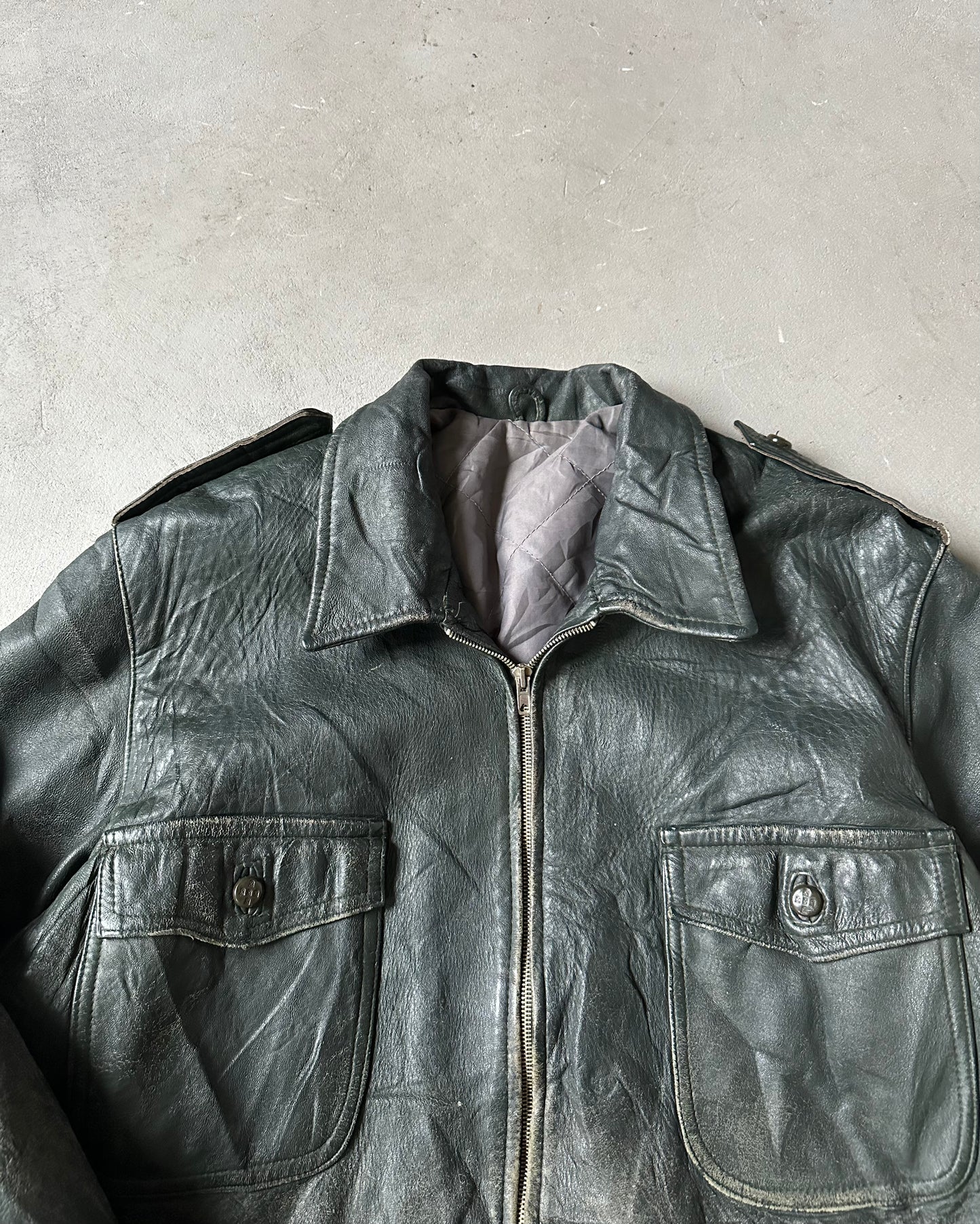 1970s - Distressed Black Portuguese Army Leather Jacket - L/XL