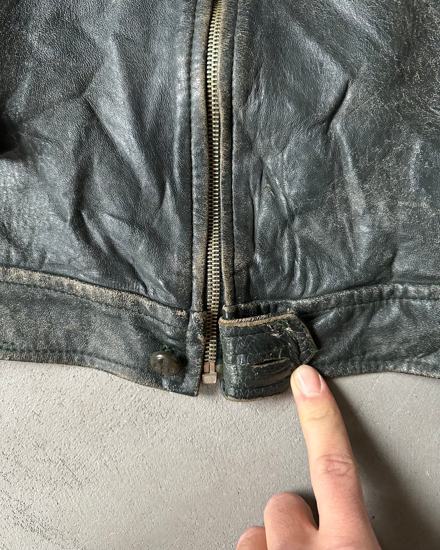 1970s - Distressed Black Portuguese Army Leather Jacket - L/XL