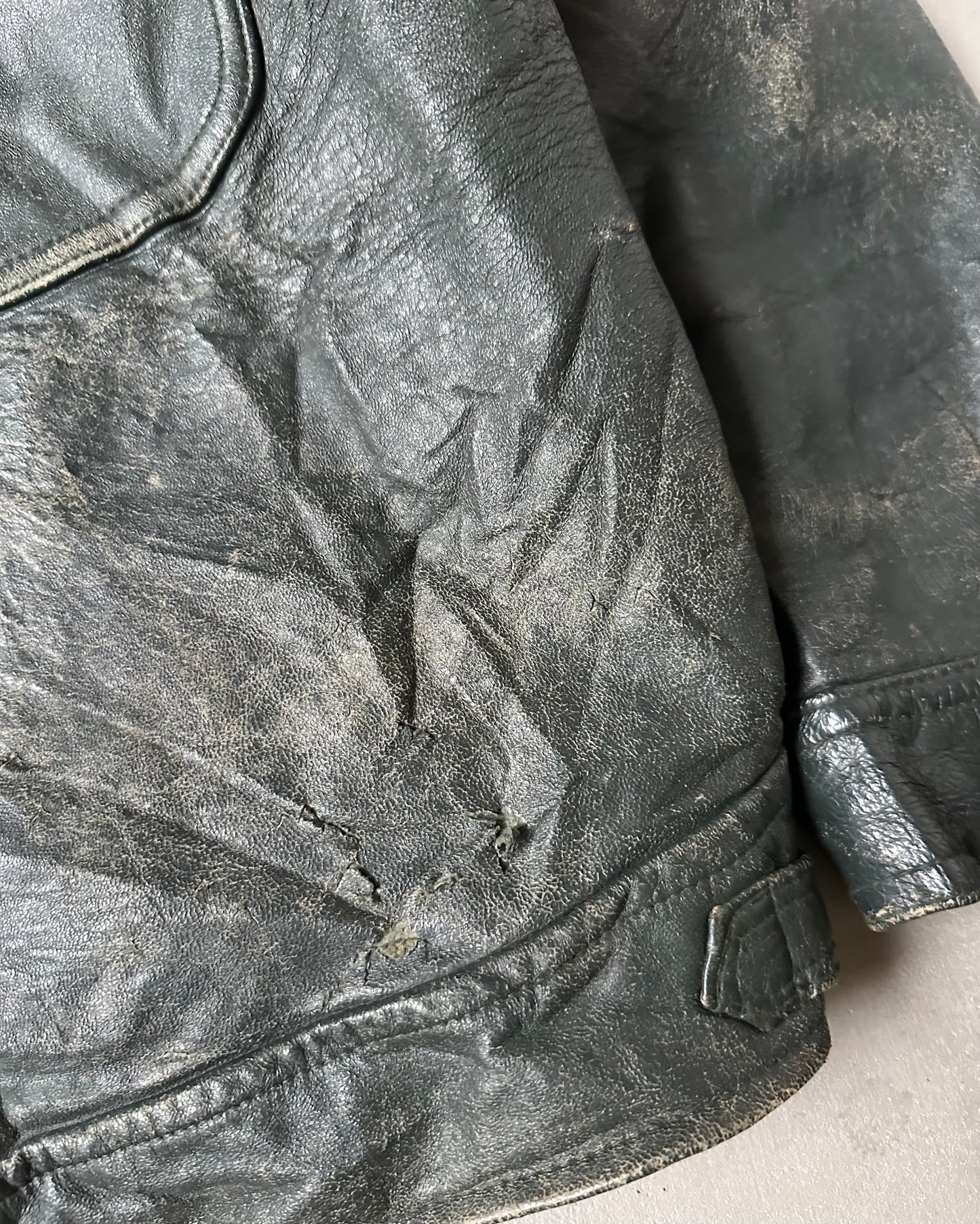 1970s - Distressed Black Portuguese Army Leather Jacket - L/XL