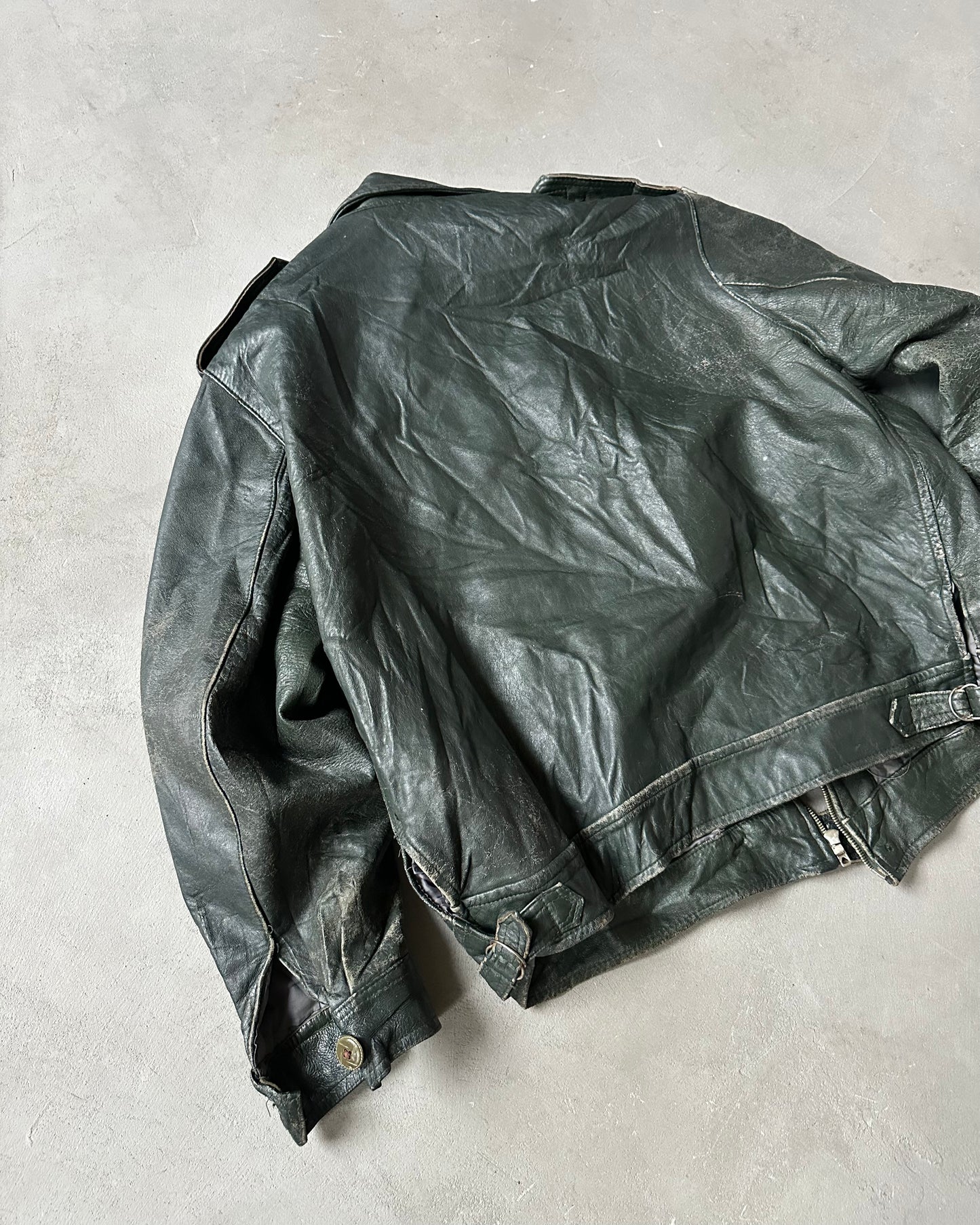 1970s - Distressed Black Portuguese Army Leather Jacket - L/XL