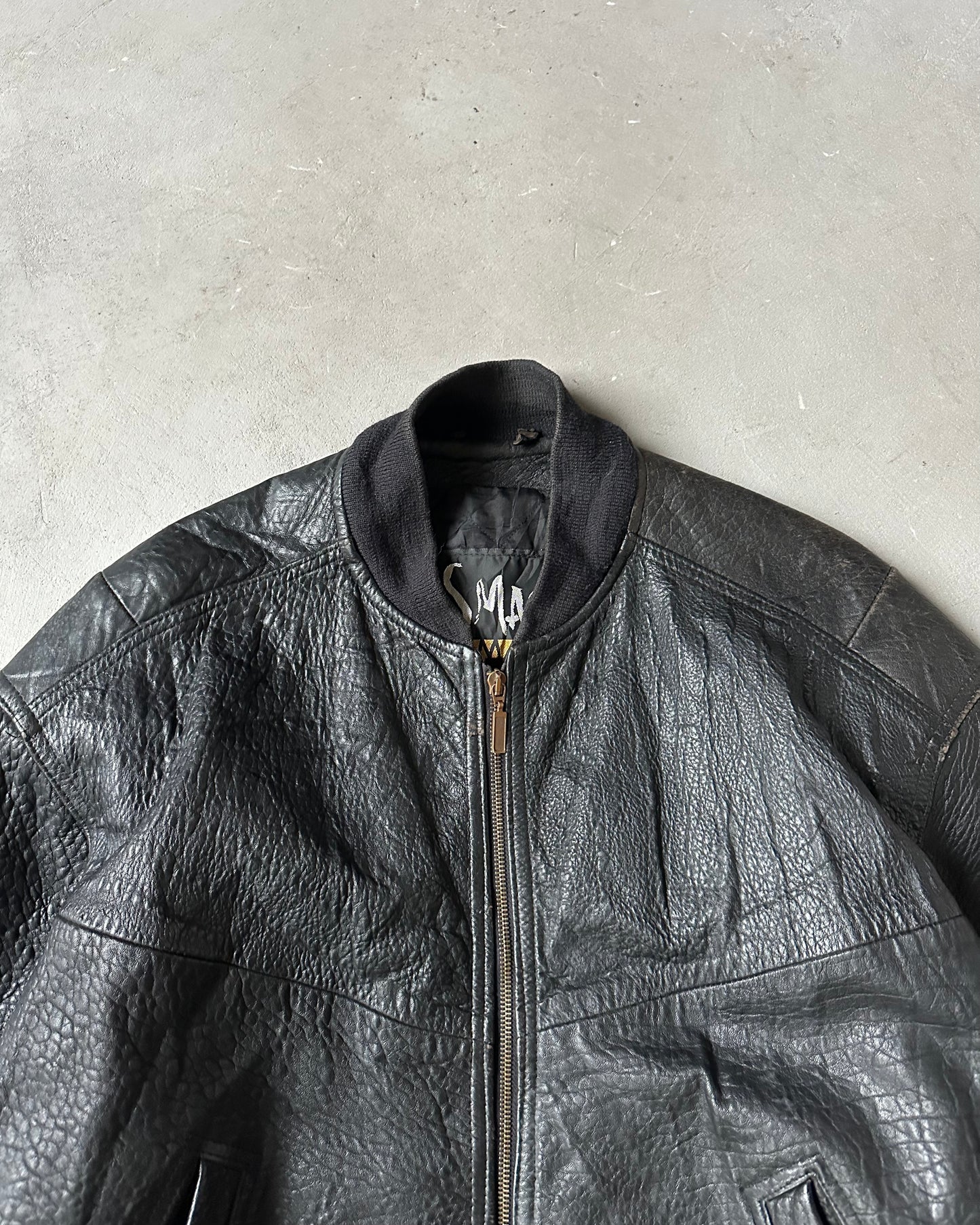 1990s - Black Smash Leather Bomber Jacket - L