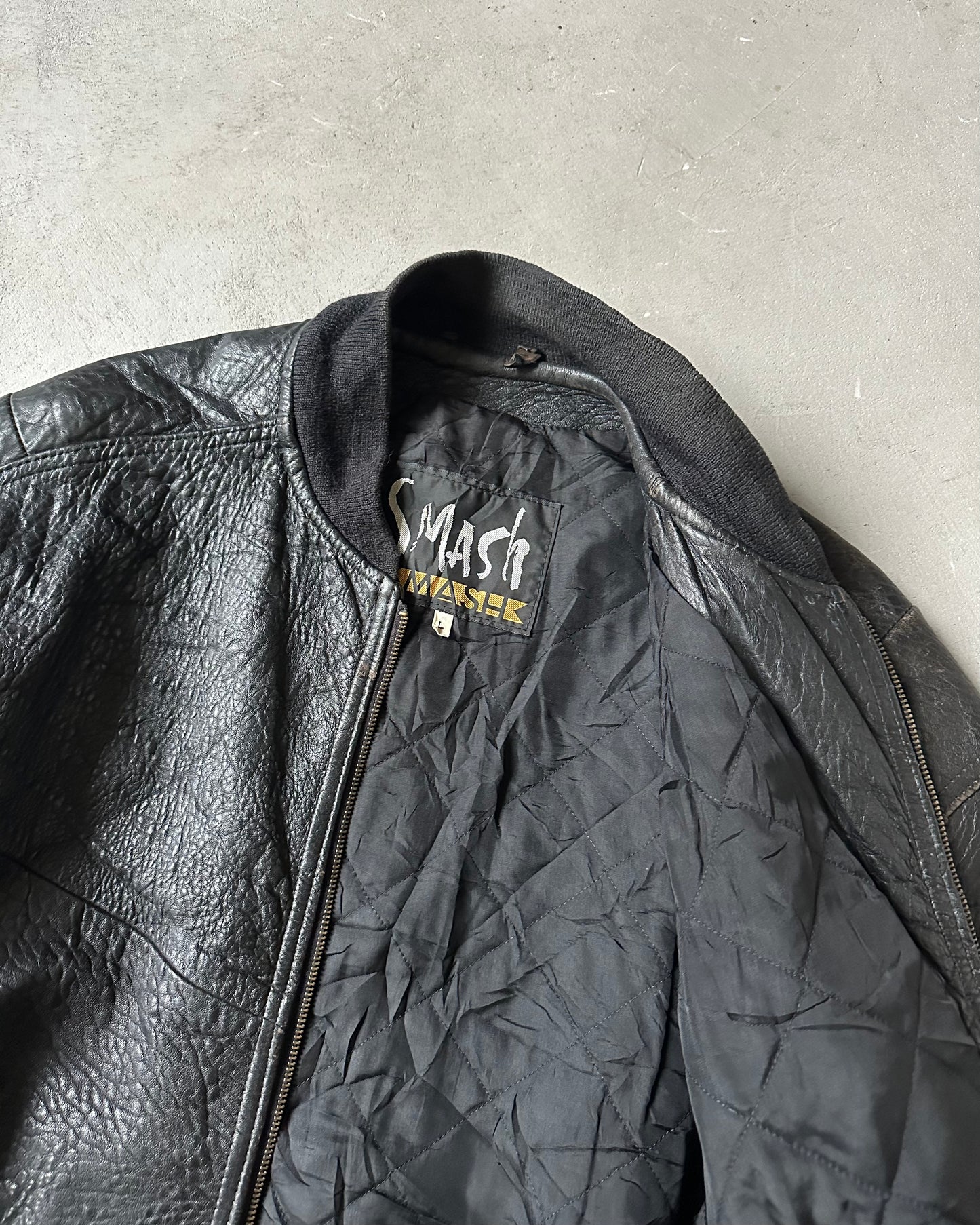 1990s - Black Smash Leather Bomber Jacket - L