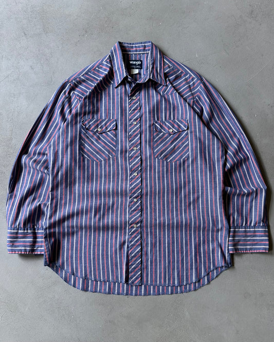1990s - Blue/Red Wrangler Striped Pearl Snap Shirt - L
