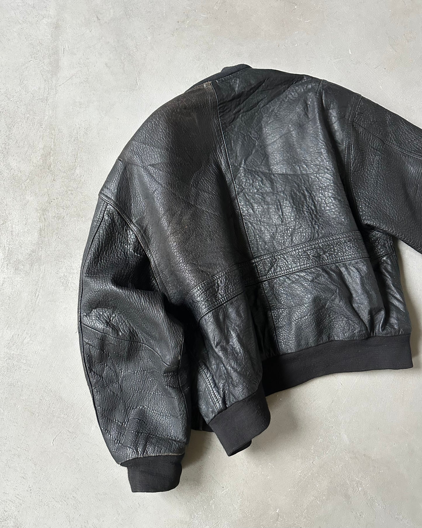 1990s - Black Smash Leather Bomber Jacket - L