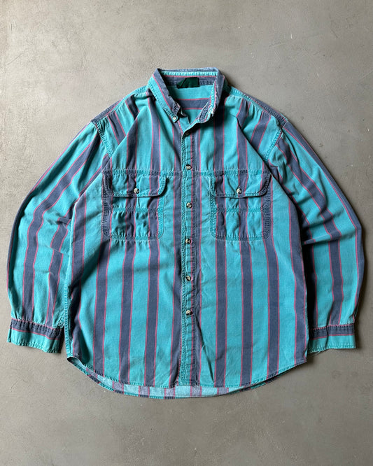 1990s - Aqua/Blue American Eagle Striped Button Up - S/M