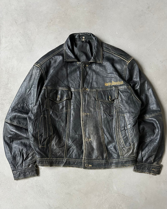1990s - Black Harley-Davidson Leather Trucker Jacket - XL