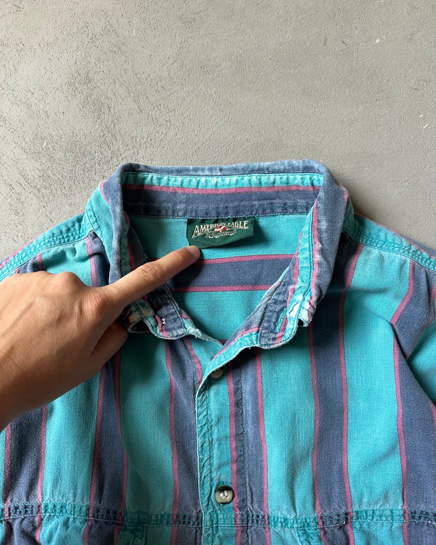1990s - Aqua/Blue American Eagle Striped Button Up - S/M