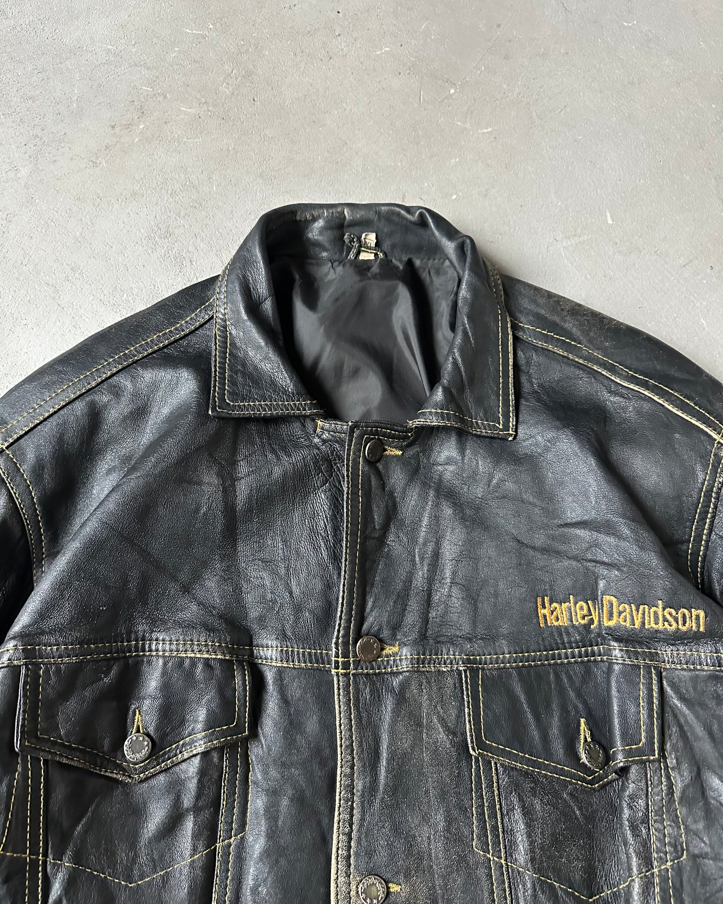 1990s - Black Harley-Davidson Leather Trucker Jacket - XL