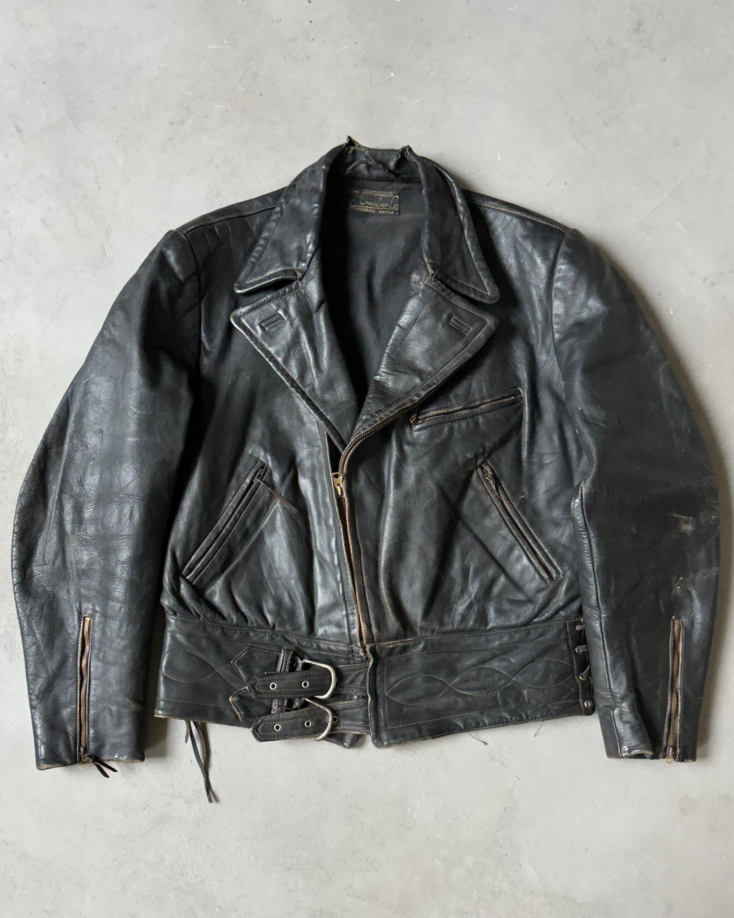 1940s - Distressed Black G. Amacker & Co Leather Jacket - L