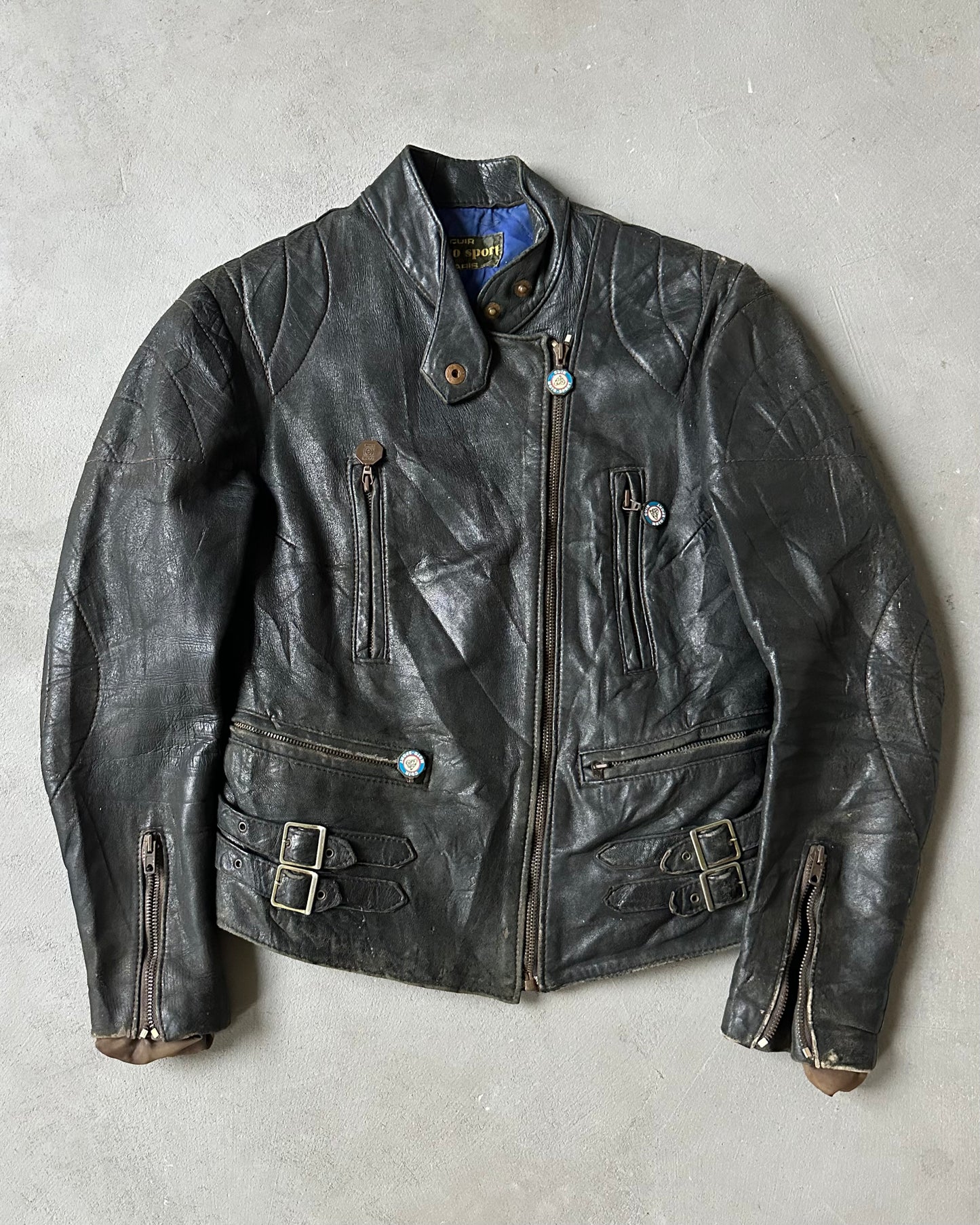 1970s - Distressed Black Biker Leather Jacket - (W)XS