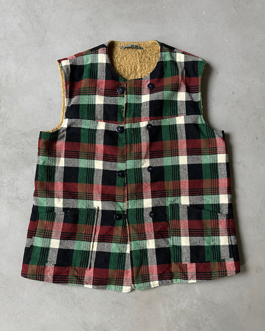 1970s - Black/Green Plaid Double Breasted Vest - M/L
