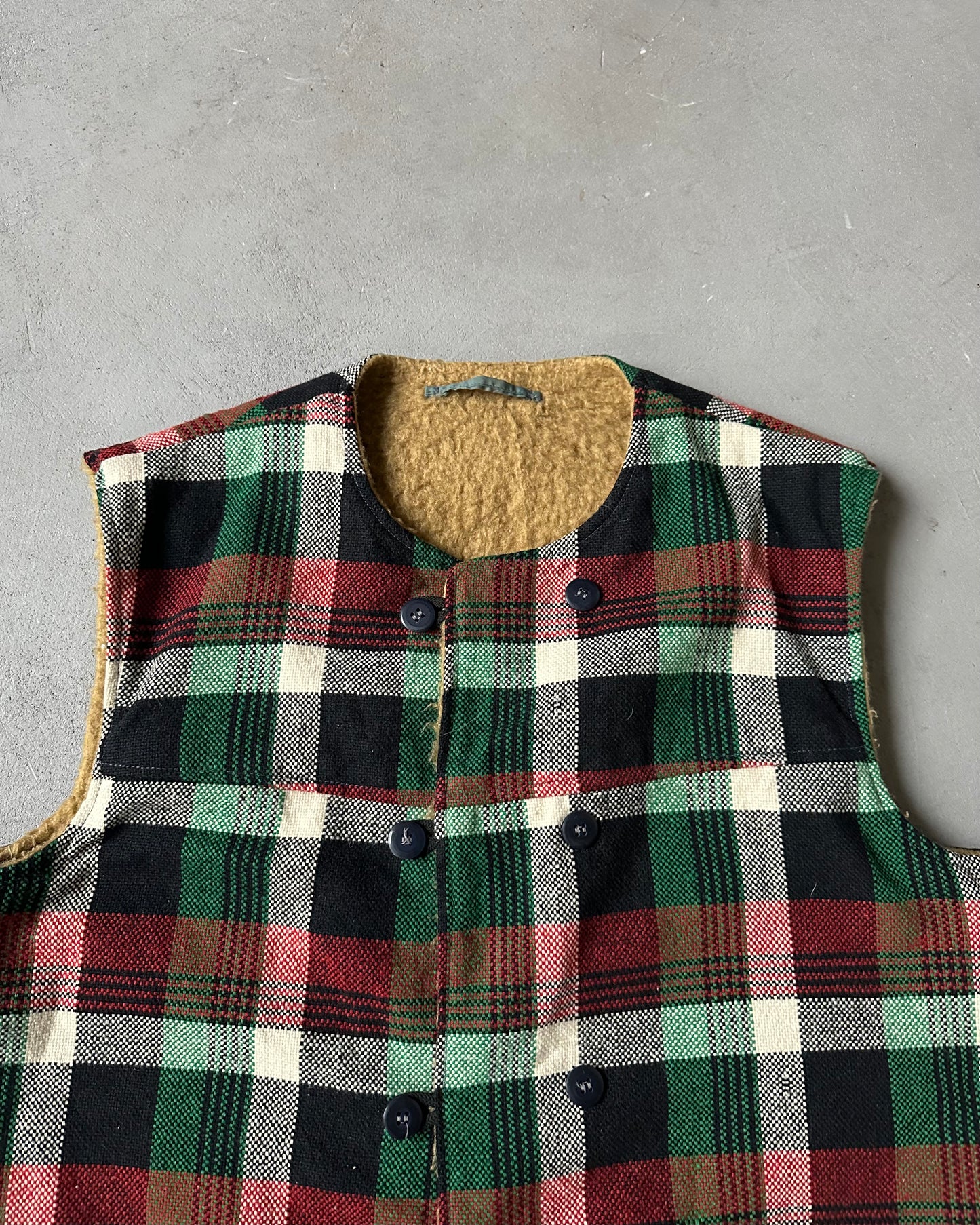 1970s - Black/Green Plaid Double Breasted Vest - M/L