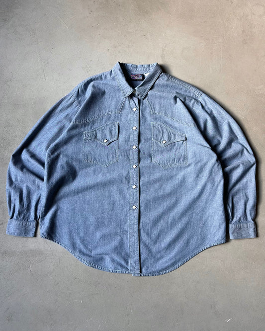 1980s - Blue Chambray Pearl Snap Shirt - (W)XL