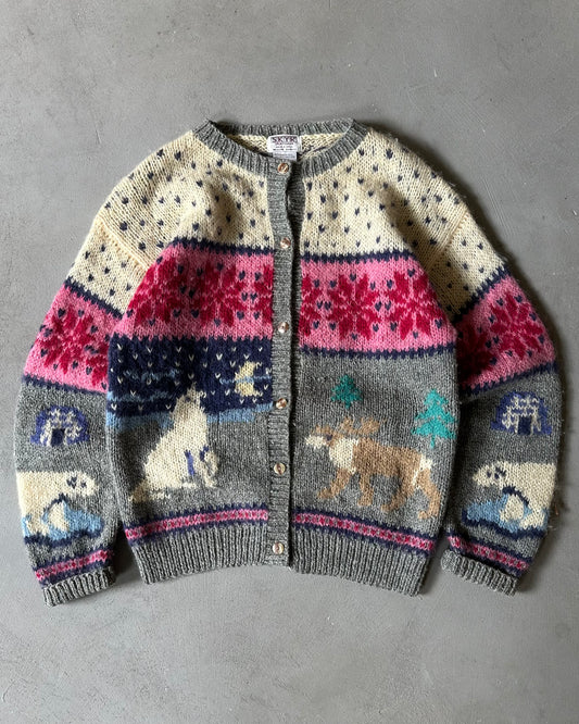 1990s - Grey/Cream Nordic Wool Cardigan - (W)M