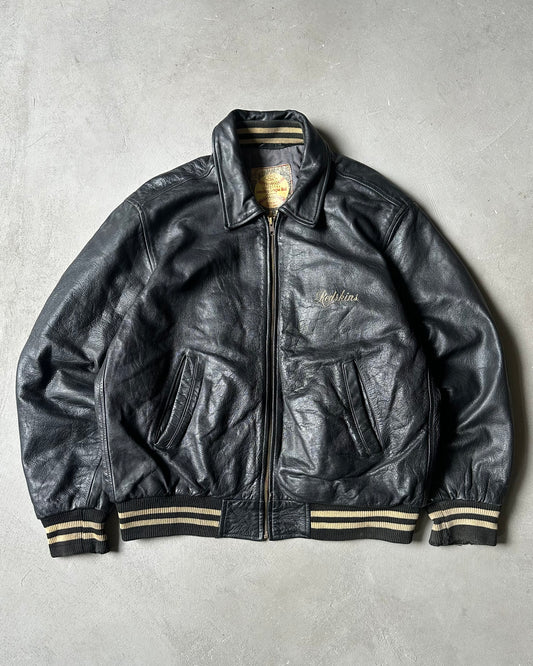 1990s - Black Redskins Leather Bomber Jacket - L
