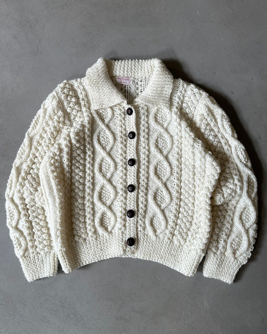 1990s - White Hand Knit Cableknit Cardigan - (W)M