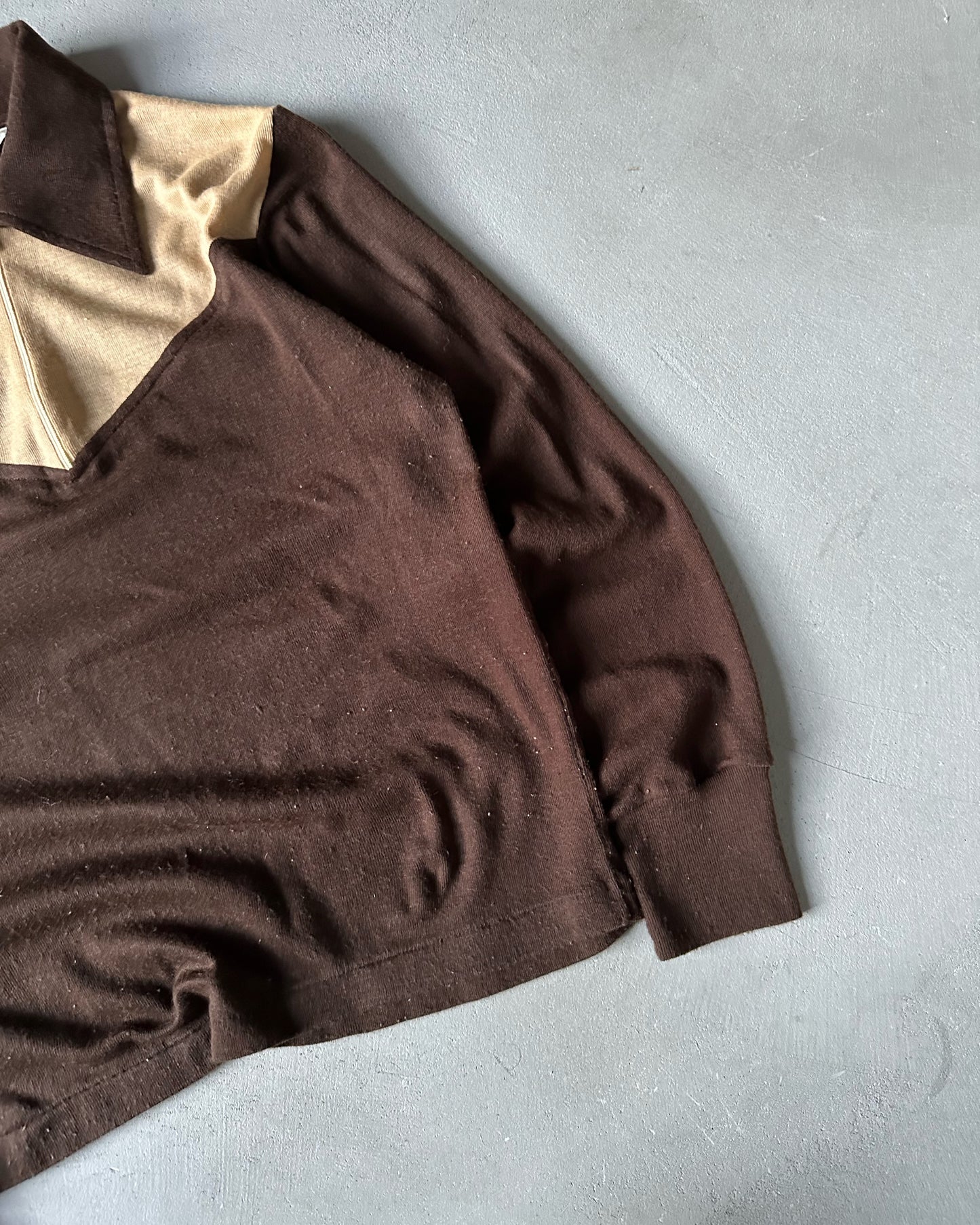 1970s - Brown/Beige 1/4 Zip Women's Knit Polo - (W)M