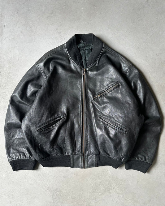1990s - Black Leather Bomber Jacket - XL