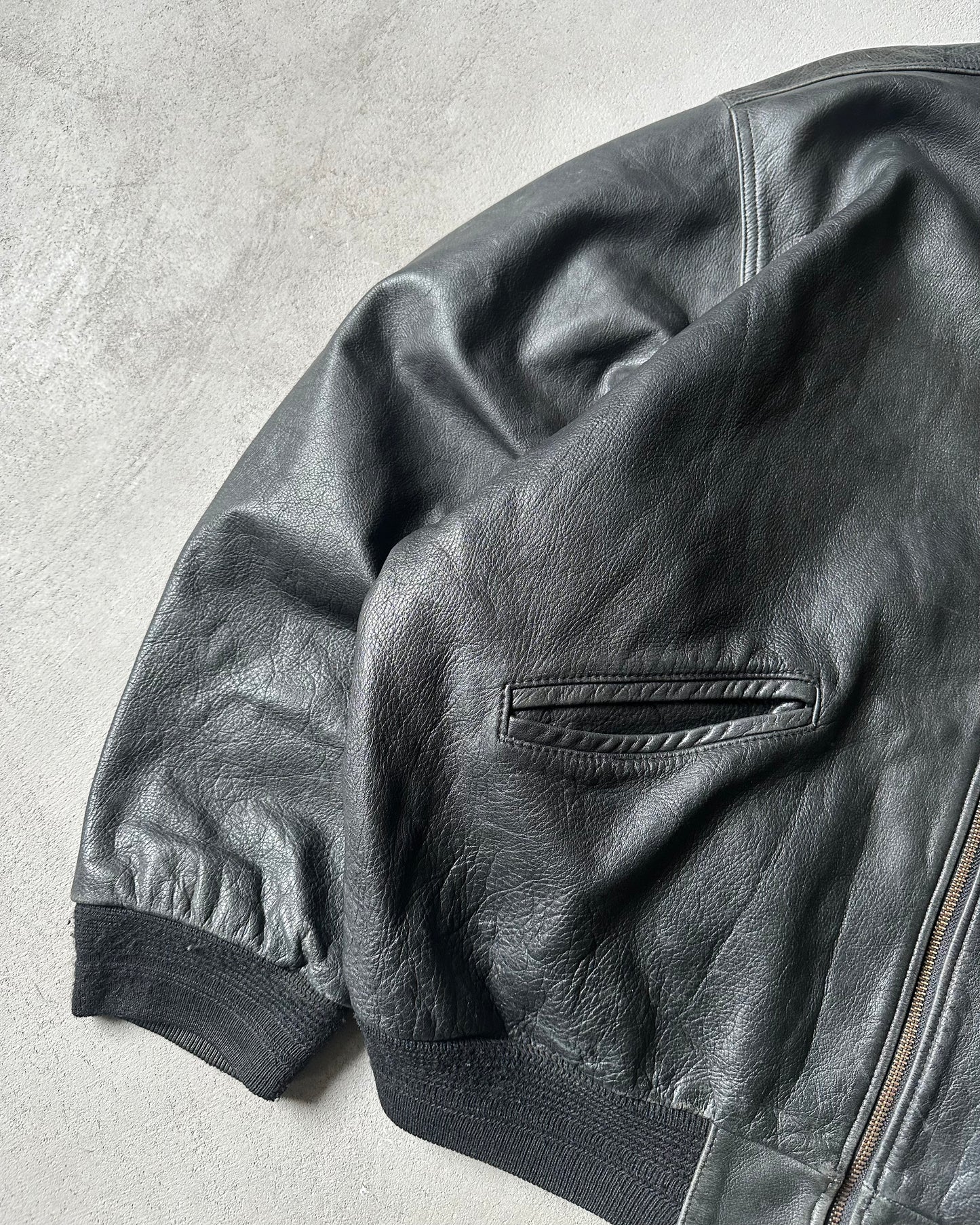1990s - Black Leather Bomber Jacket - XL
