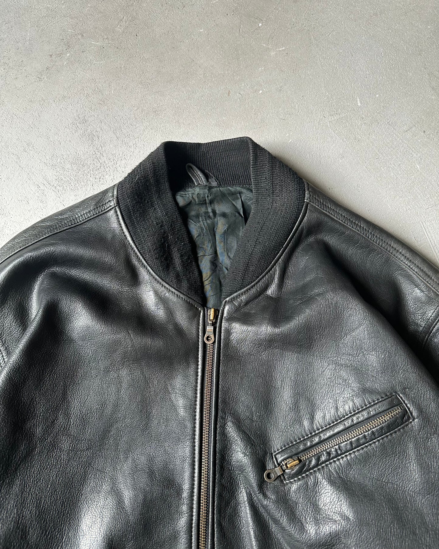 1990s - Black Leather Bomber Jacket - XL