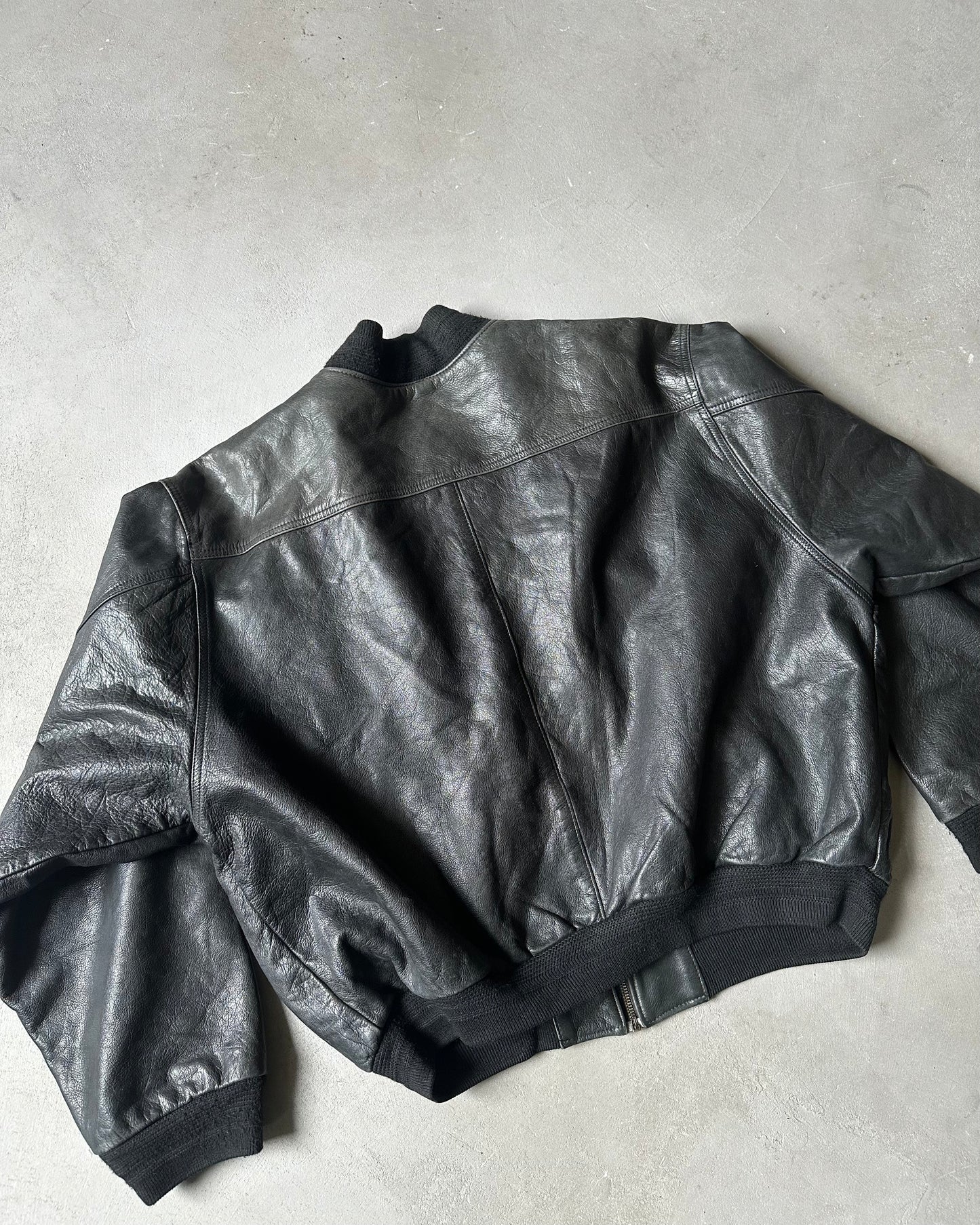 1990s - Black Leather Bomber Jacket - XL