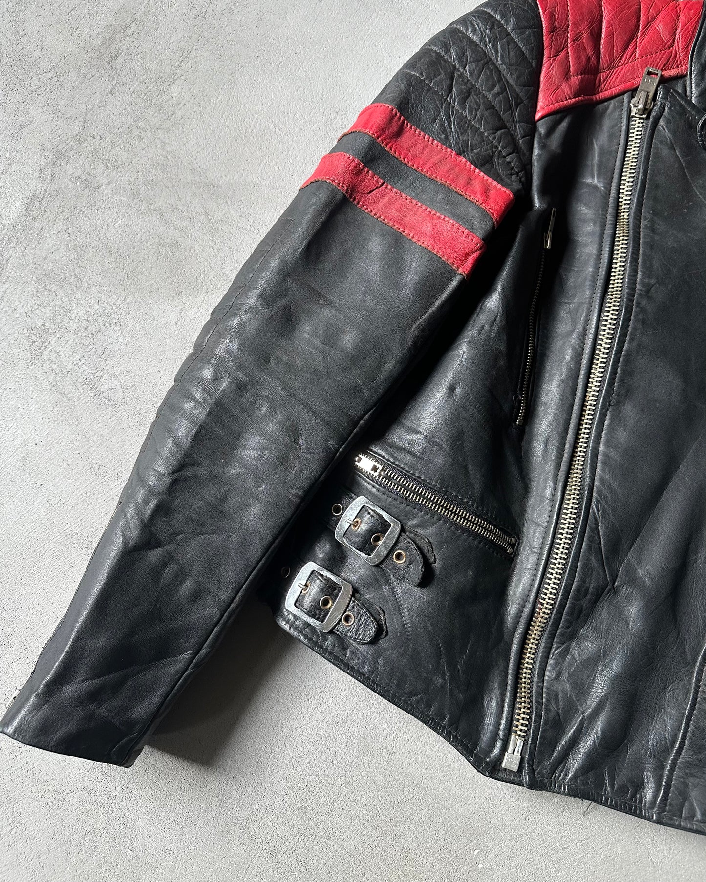 Années 70 - Blouson Moto en Cuir Noir/Rouge - XS