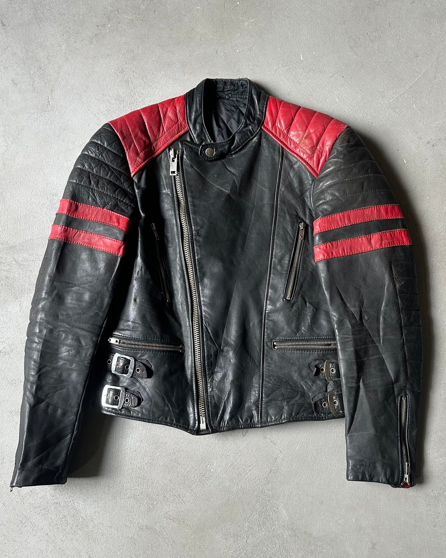 Années 70 - Blouson Moto en Cuir Noir/Rouge - XS