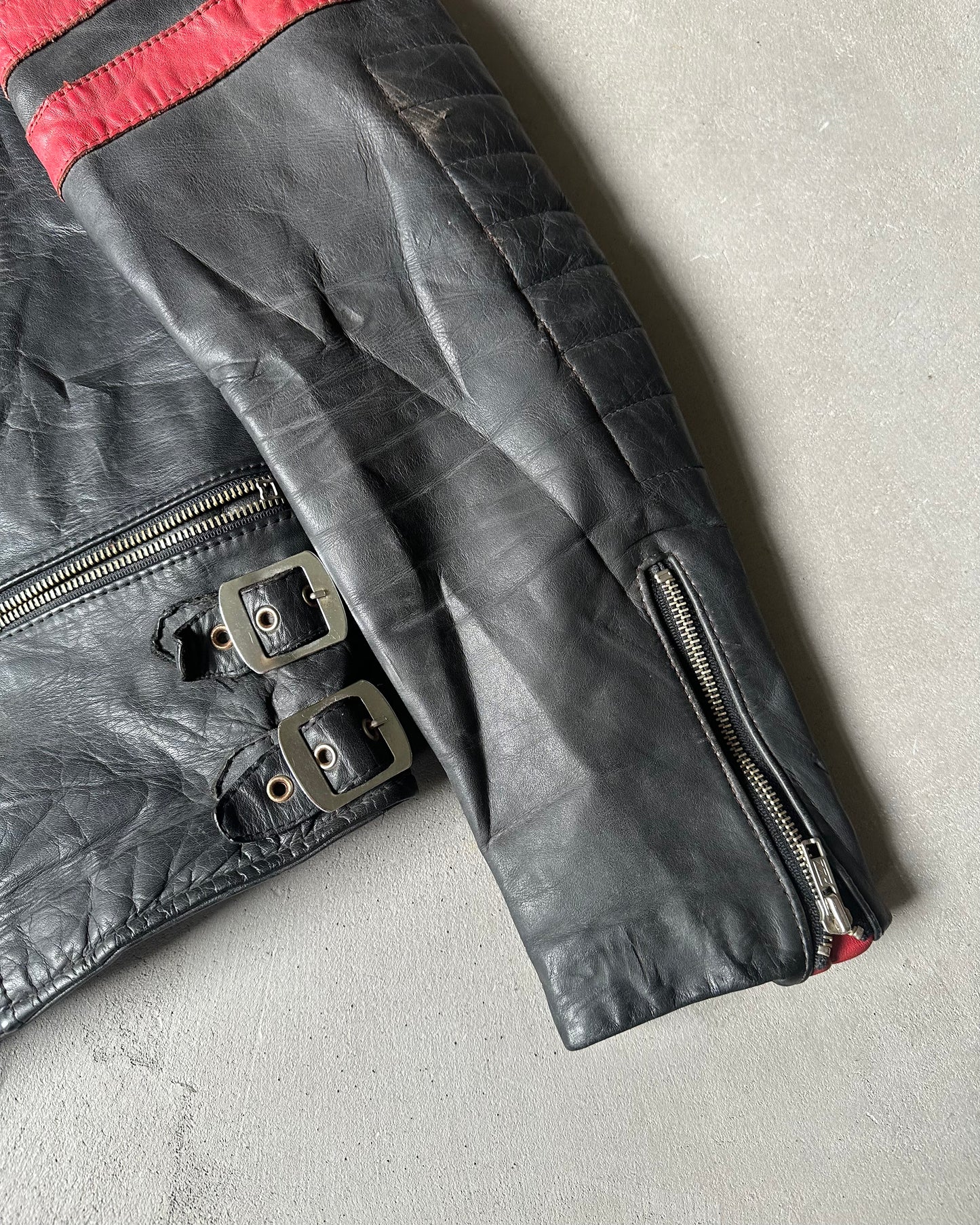 Années 70 - Blouson Moto en Cuir Noir/Rouge - XS