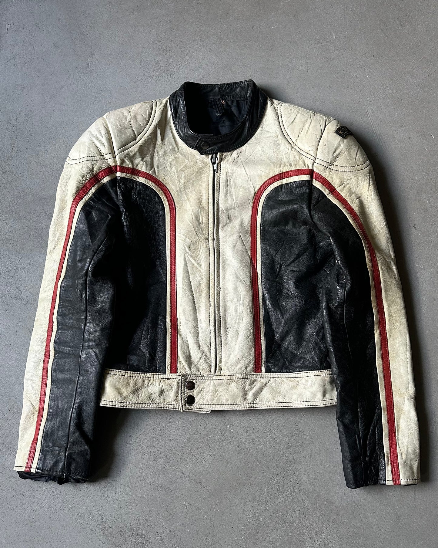 Années 70 - Blouson Moto en Cuir Crème/Noir Vieilli - XS