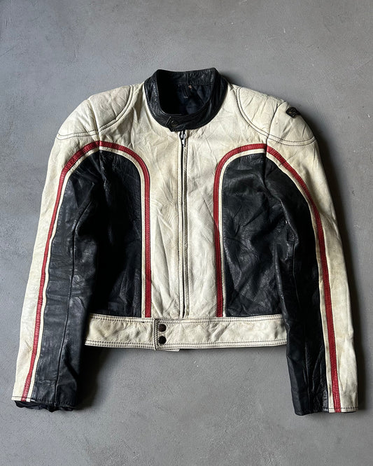 1970s - Distressed Cream/Black Motorcycle Leather Jacket - XS