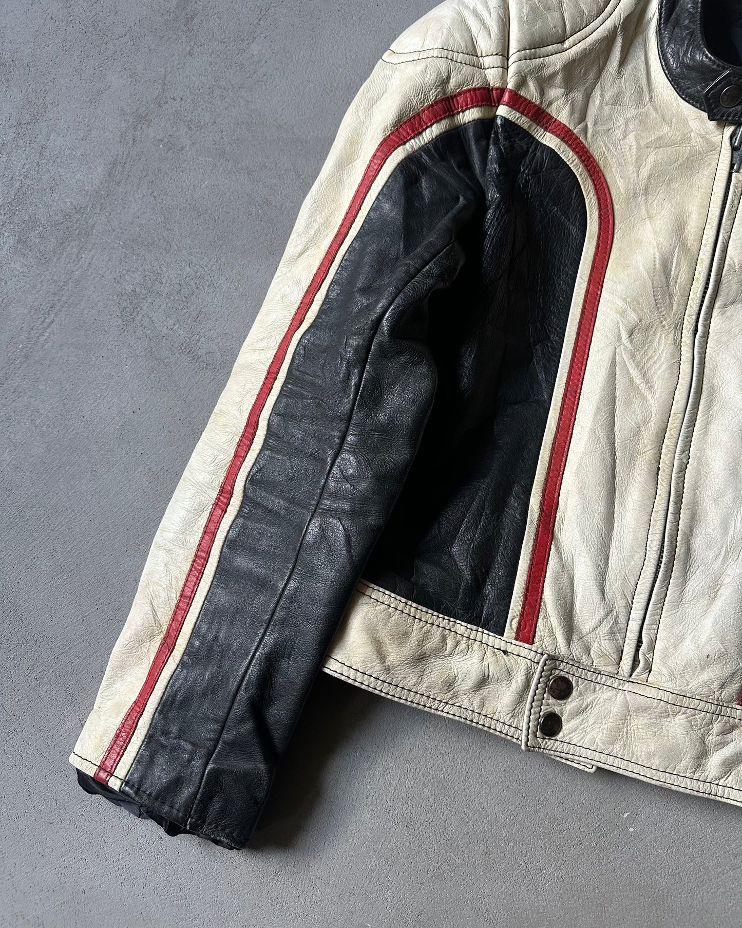 Années 70 - Blouson Moto en Cuir Crème/Noir Vieilli - XS