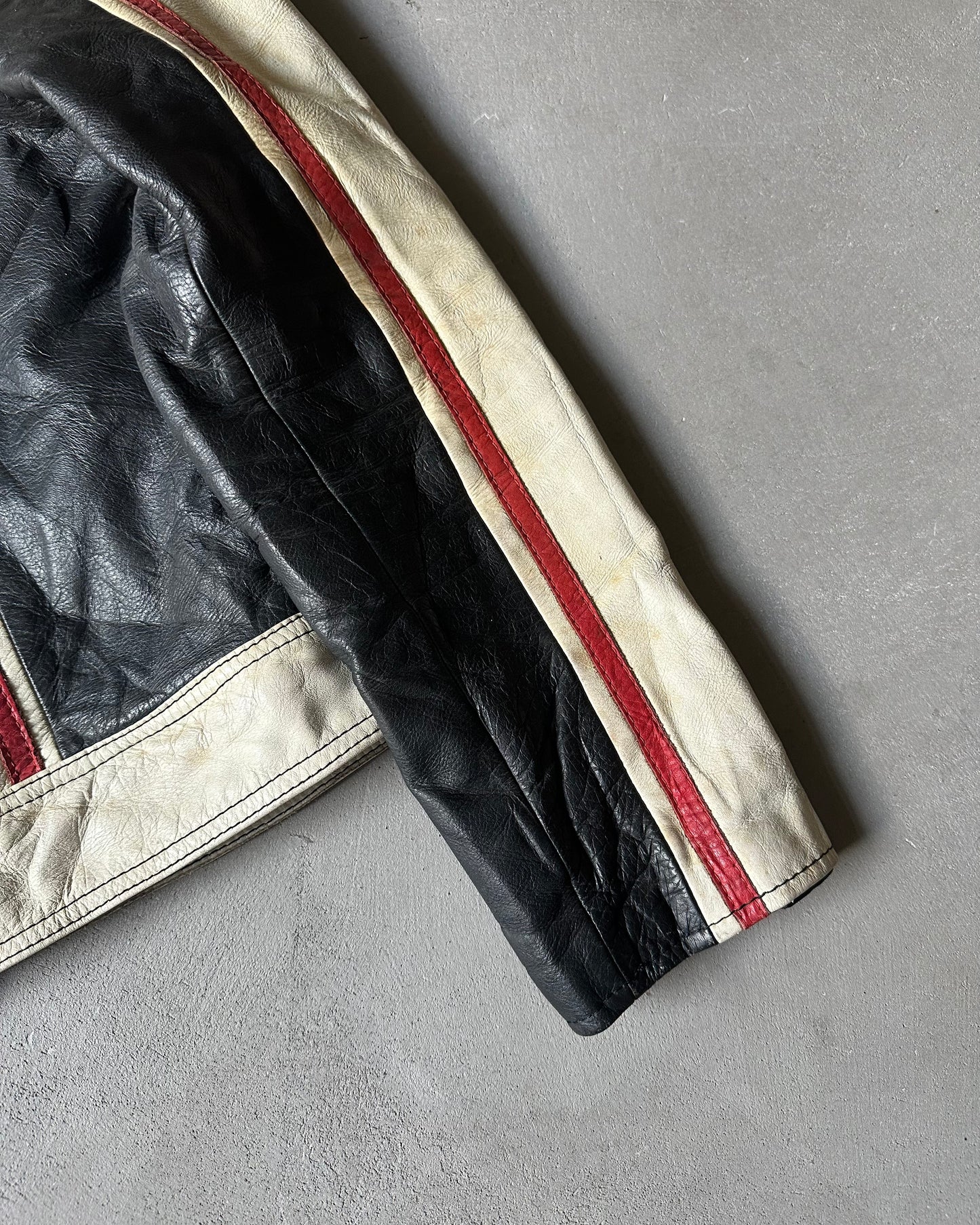 Années 70 - Blouson Moto en Cuir Crème/Noir Vieilli - XS