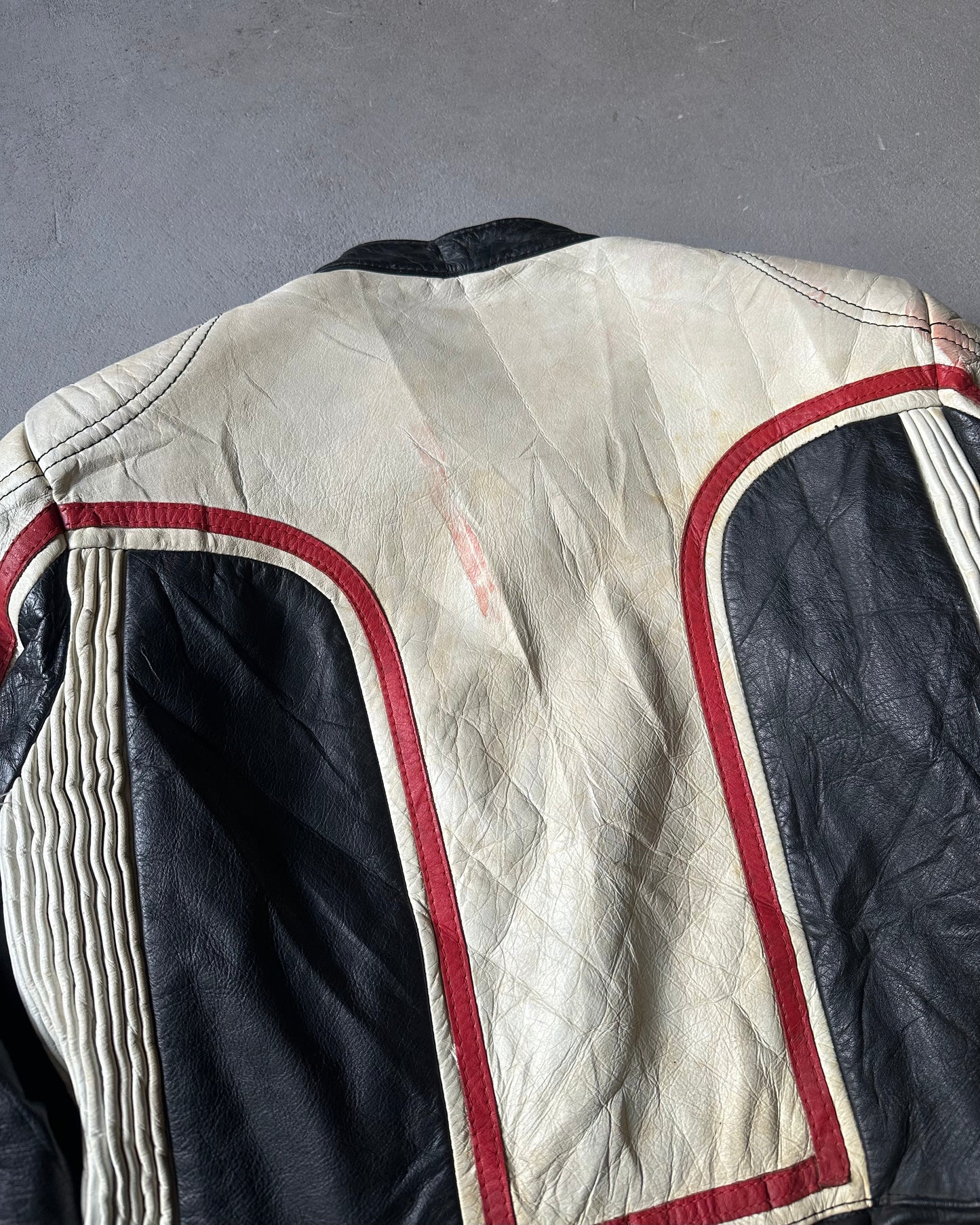 Années 70 - Blouson Moto en Cuir Crème/Noir Vieilli - XS